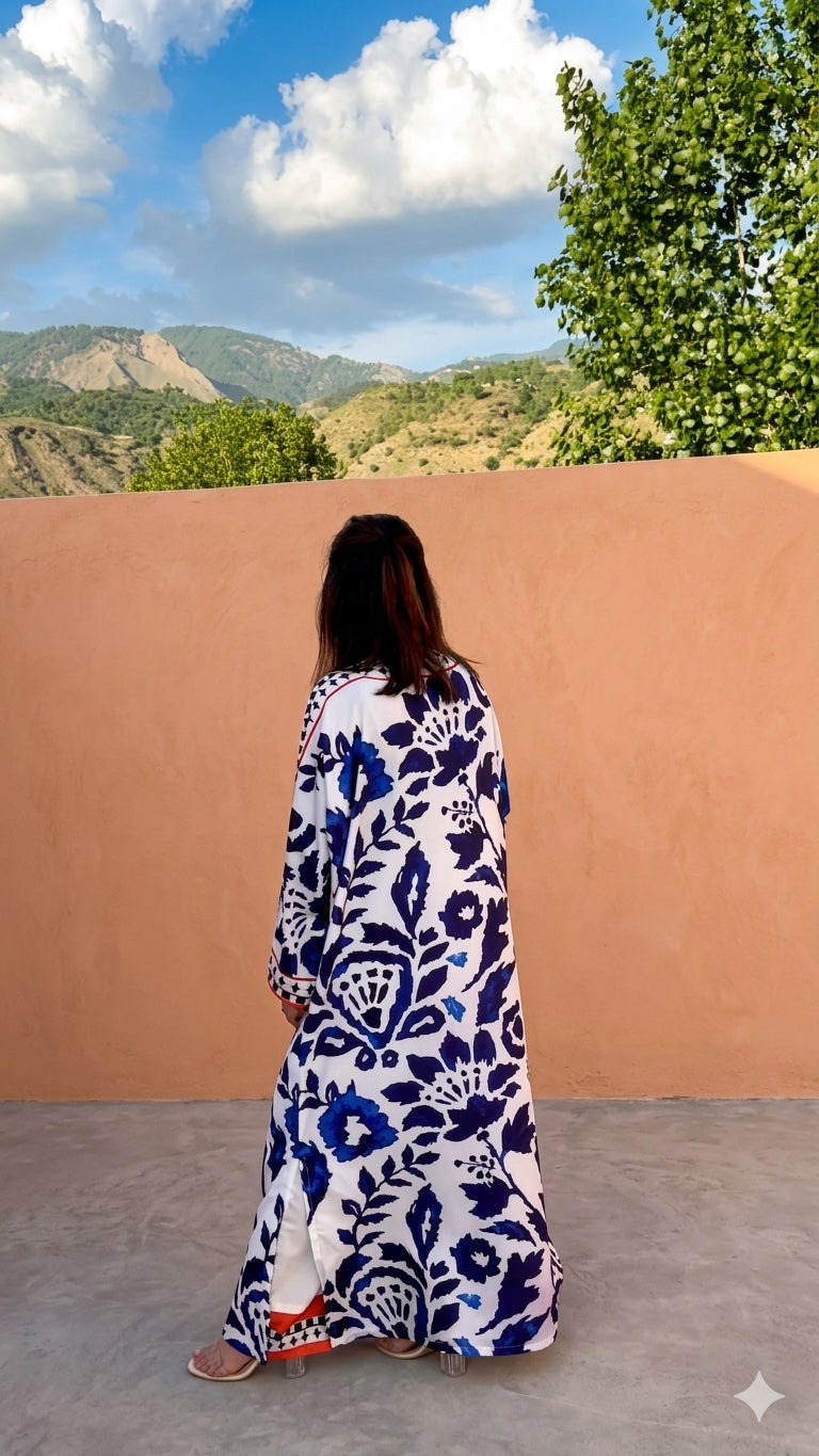 Blue & White Floral Silk Kaftan