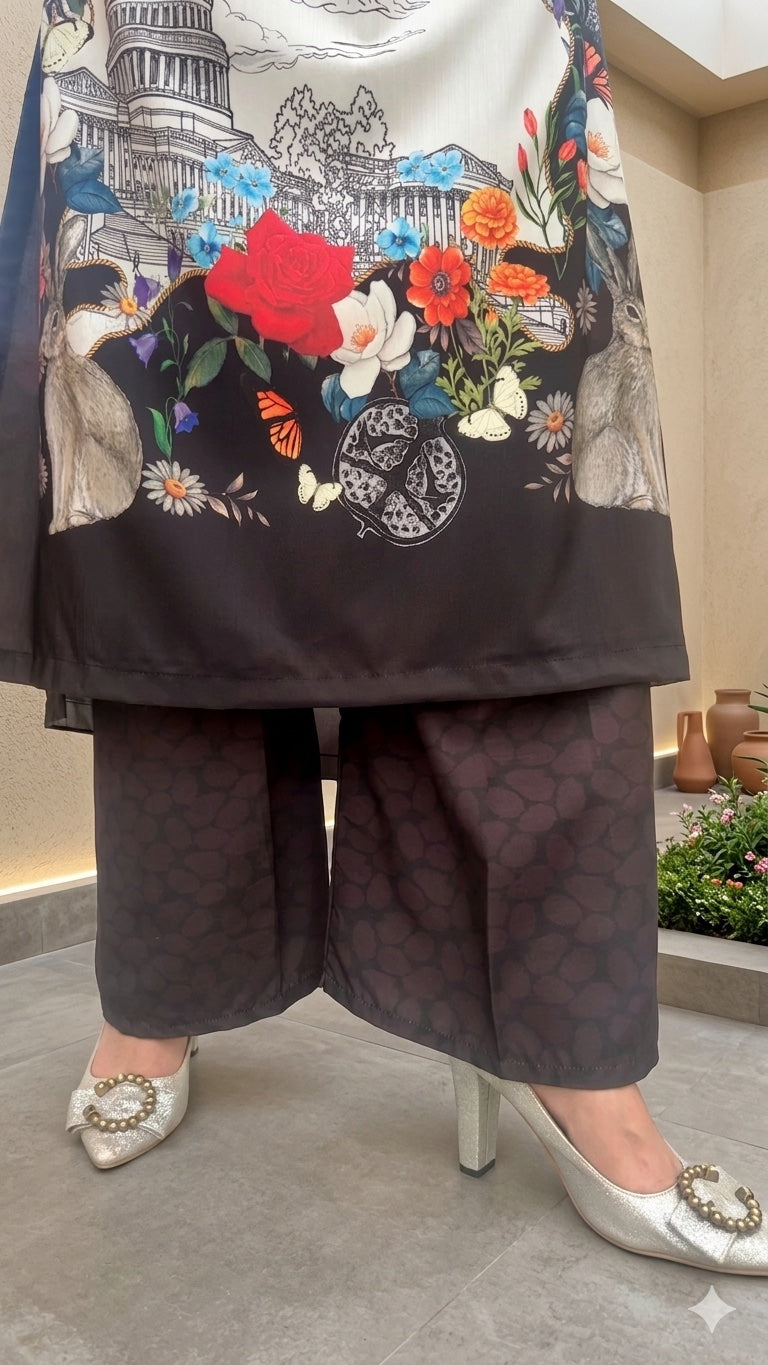 Monochrome Floral Long Fusion Shirt