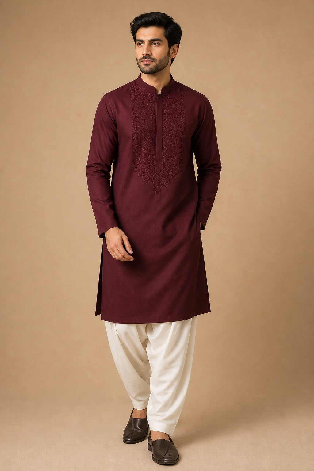 Maroon Cotton-Silk Embroidered Kurta – hero