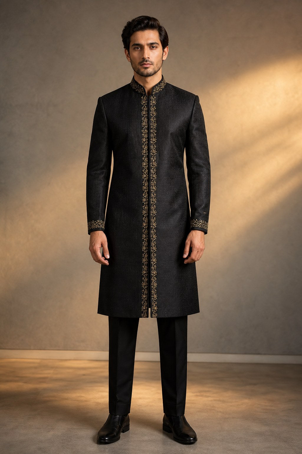 Black Embroidered Raw Silk Sherwani – hero
