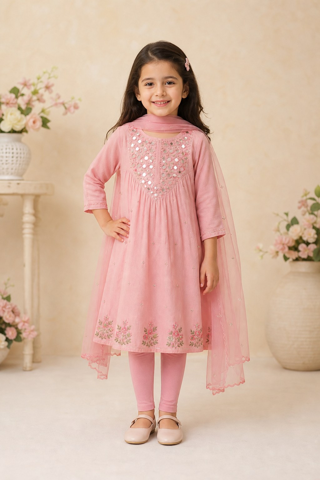 Pink Lawn Frock with Mirror Work (Girls') – hero