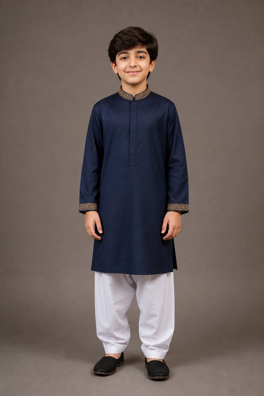 Navy Embroidered Collar Kurta (Boys') – hero