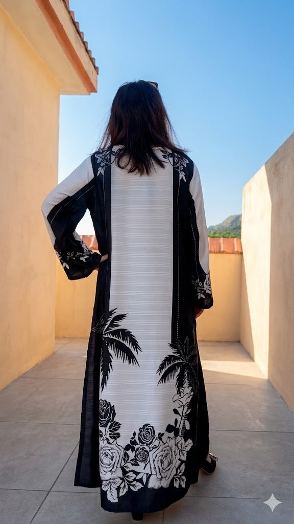 Monochrome Floral Long Fusion 2-Piece Suit