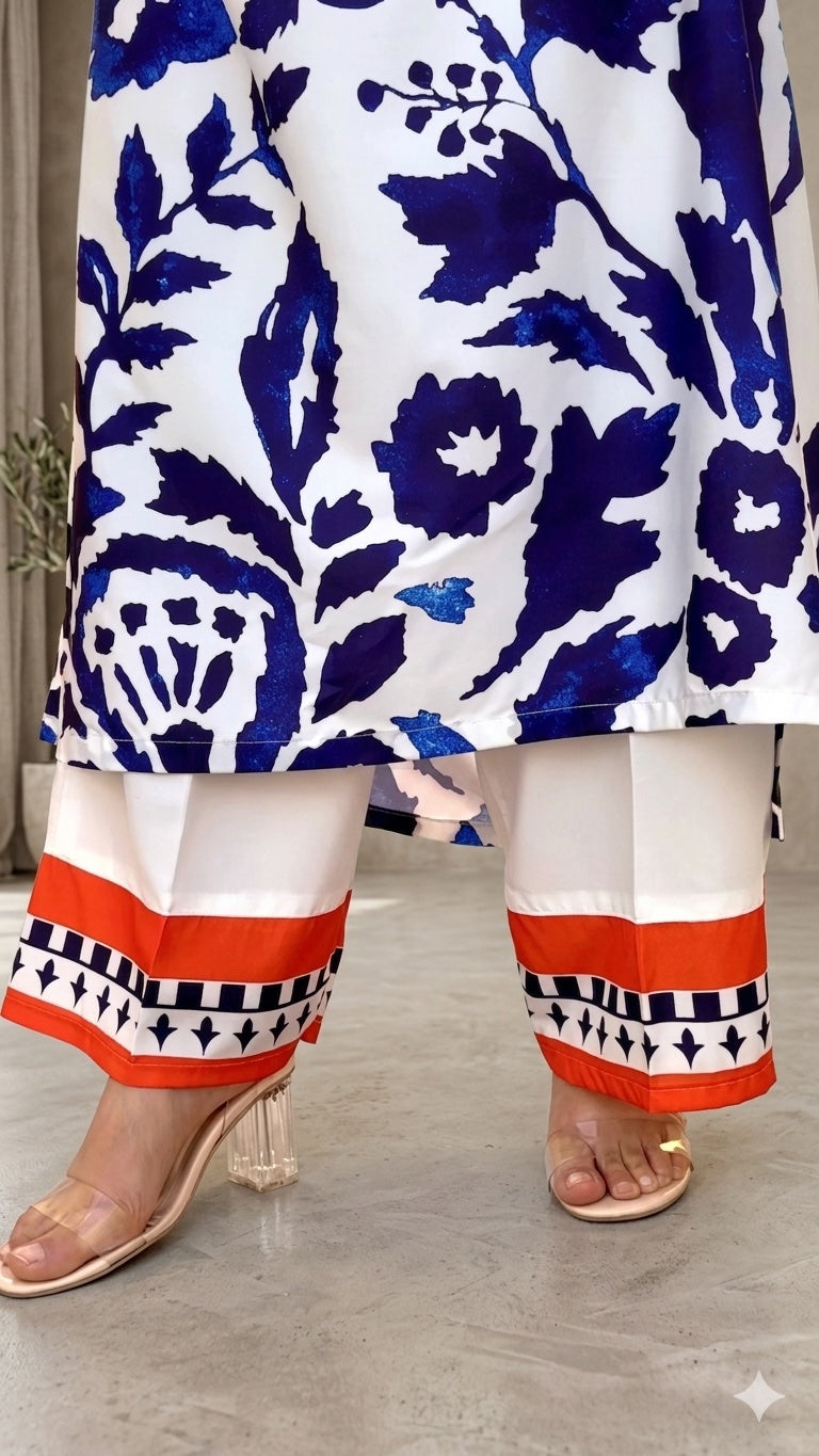 Blue & White Floral Silk Kaftan