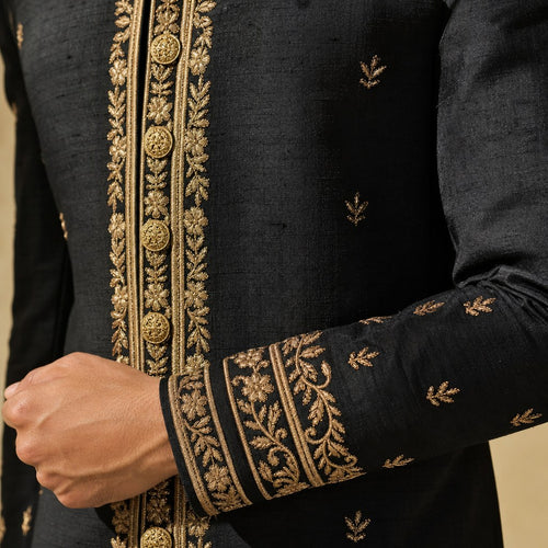Black Embroidered Raw Silk Sherwani – detail