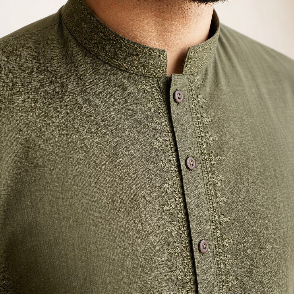 Olive Cotton Kurta Pajama – detail