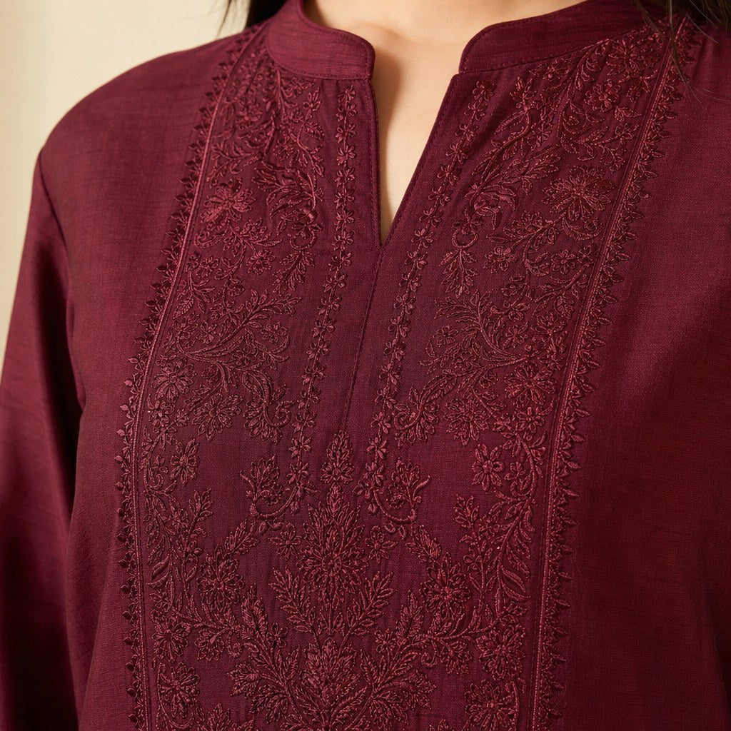 Maroon Cotton-Silk Embroidered Kurta – detail