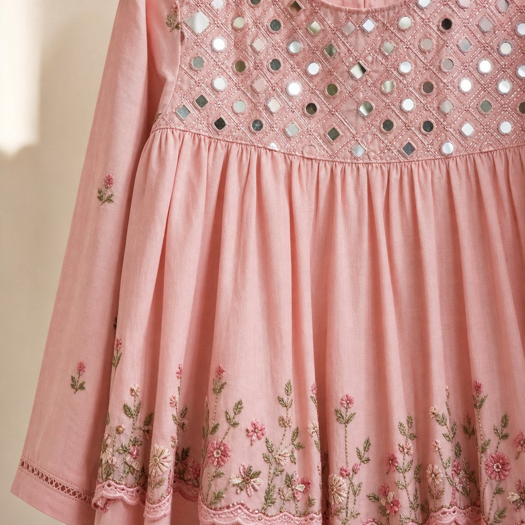 Pink Lawn Frock with Mirror Work (Girls') – detail