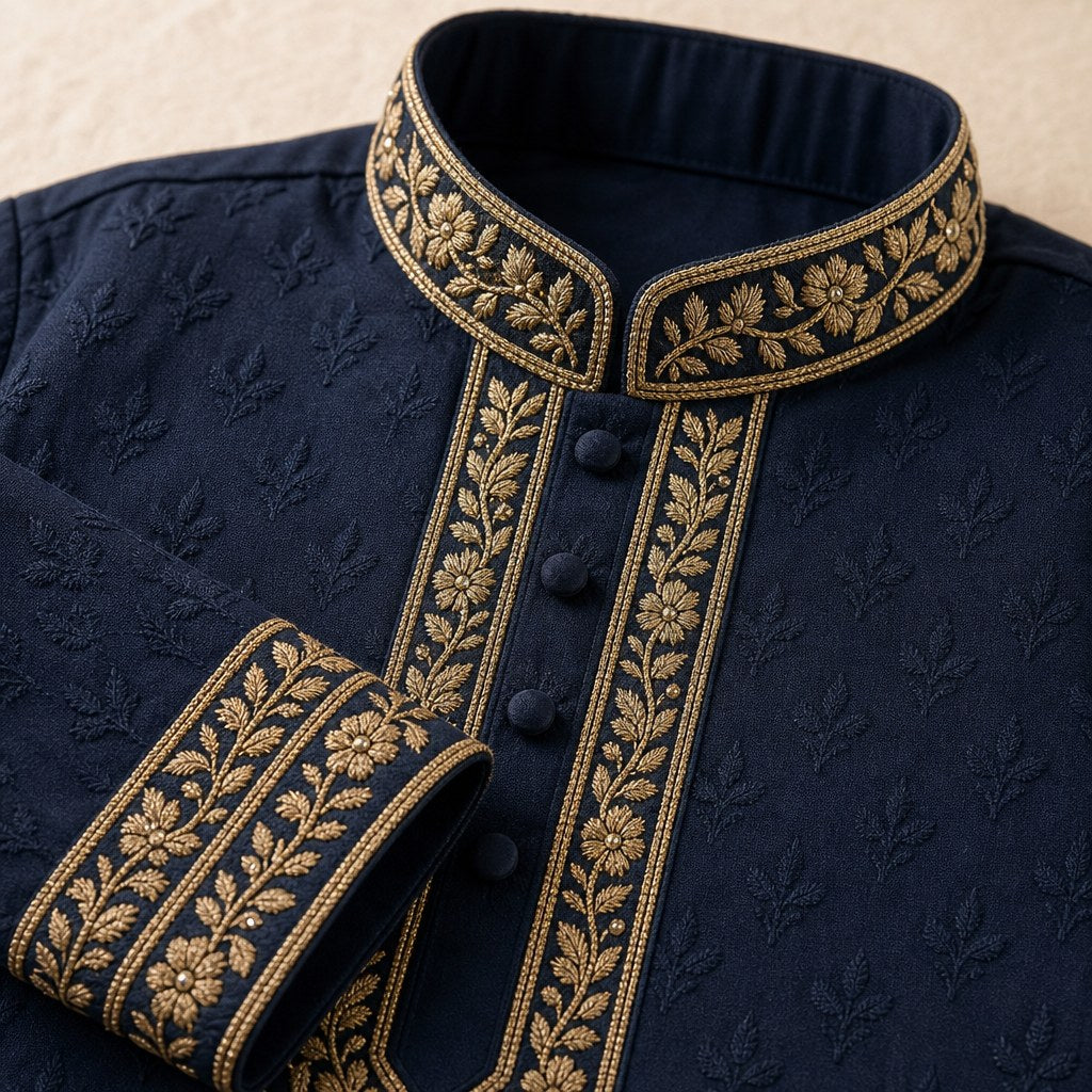 Navy Embroidered Collar Kurta (Boys') – detail