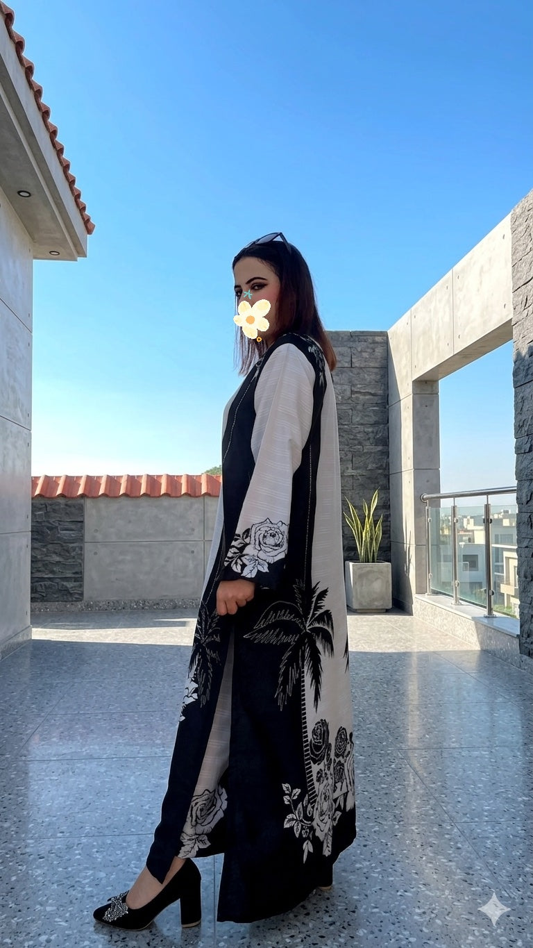 Monochrome Floral Long Fusion 2-Piece Suit