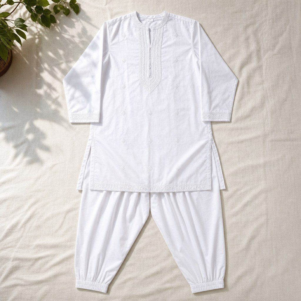 Classic White Eid Kameez Shalwar – flatlay