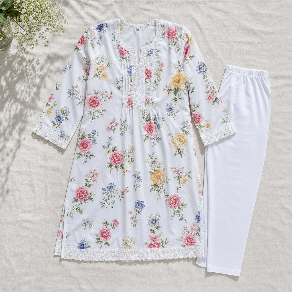 Floral Printed Kurti & Tights Set (Girls') – flatlay