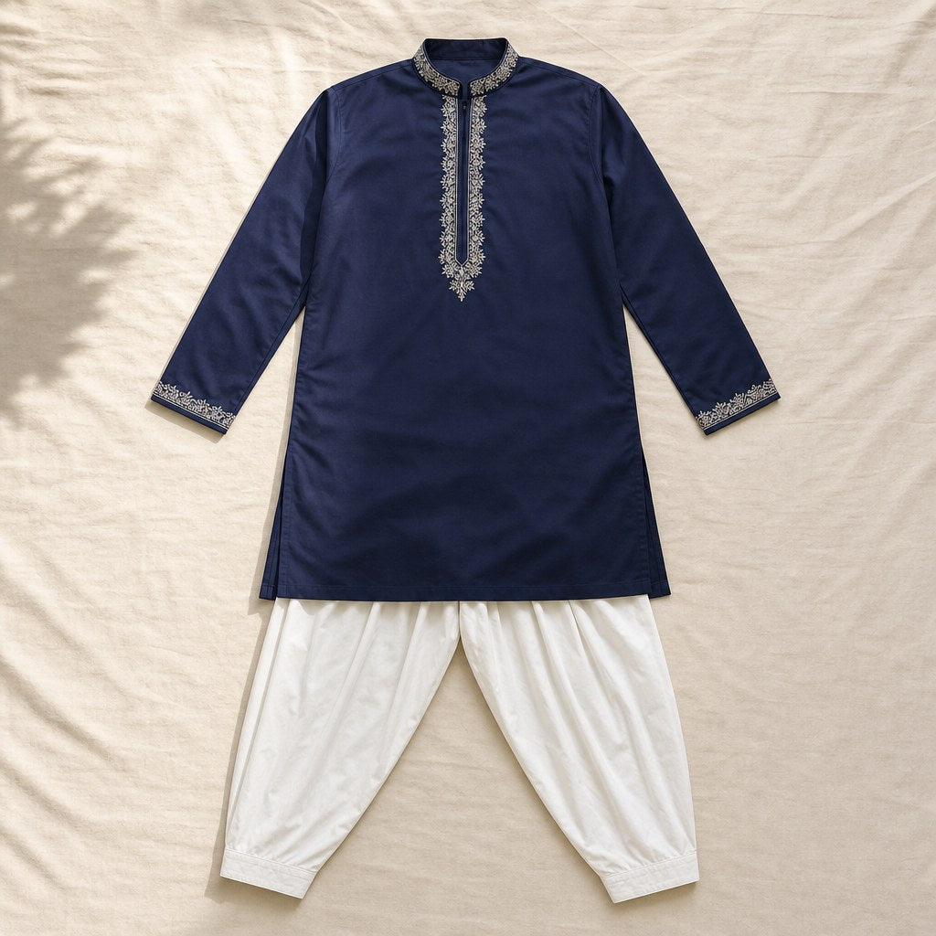 Navy Embroidered Collar Kurta (Boys') – flatlay