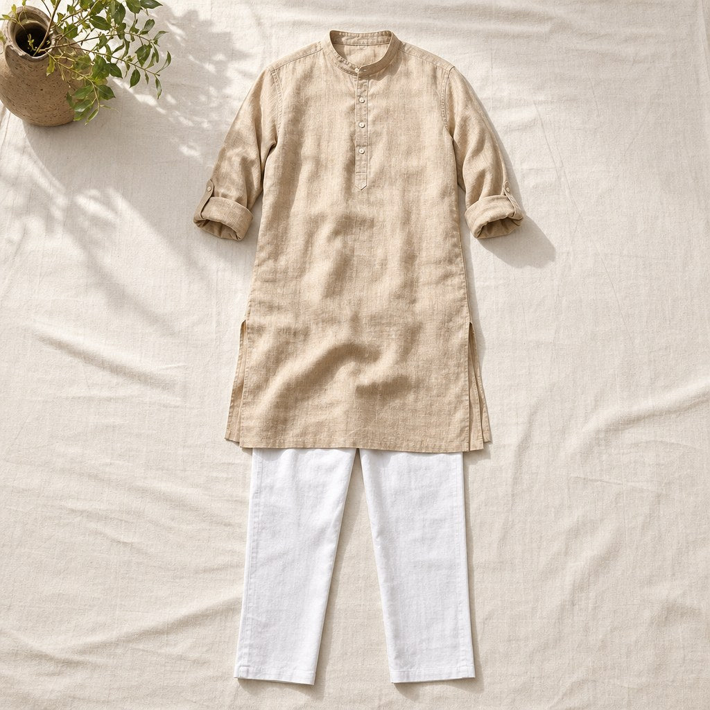 Beige Linen Summer Kurta – flatlay