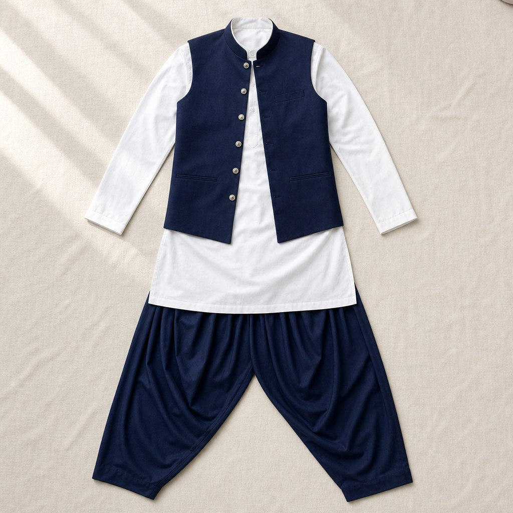 Navy Three-Piece Waistcoat Suit – flatlay