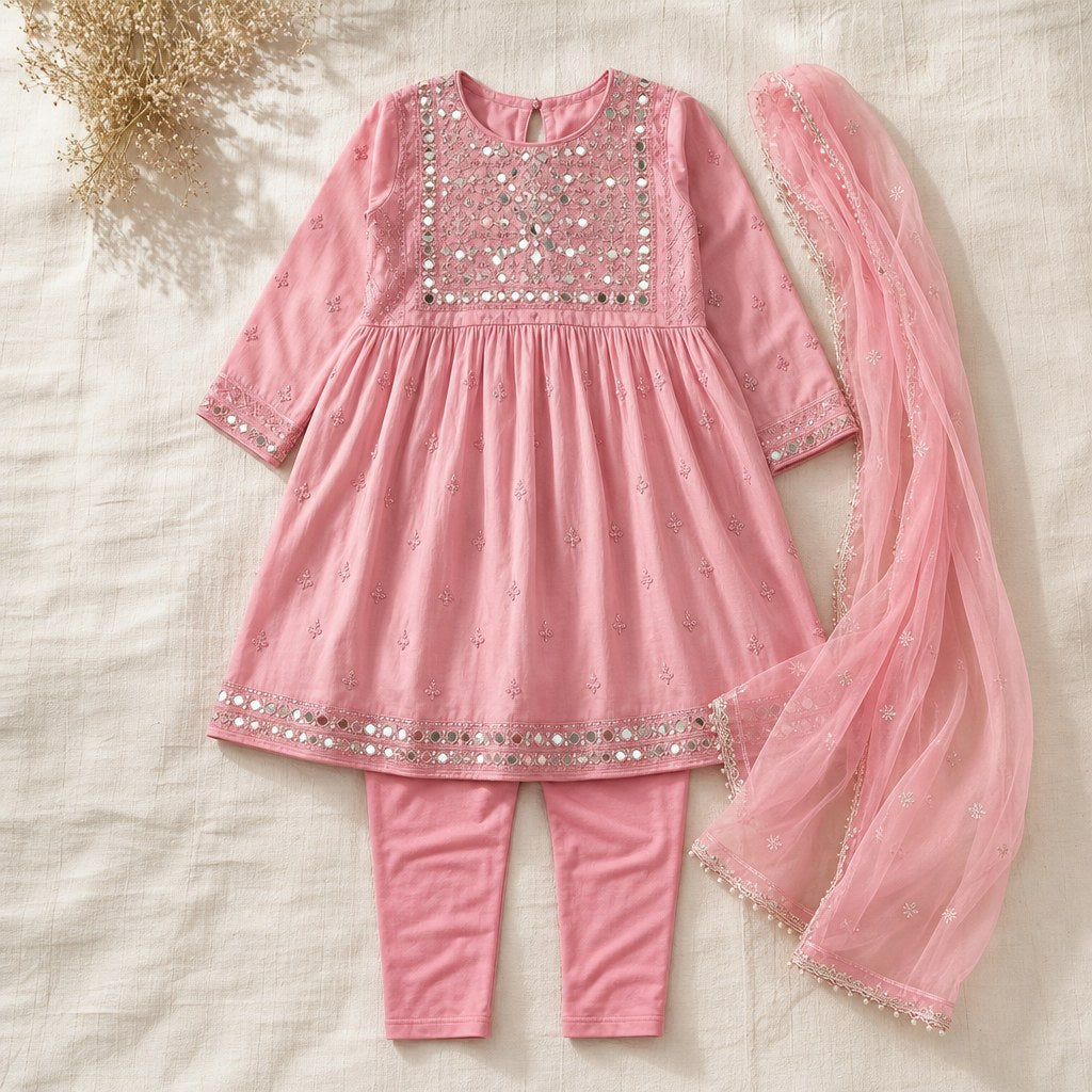 Pink Lawn Frock with Mirror Work (Girls') – flatlay