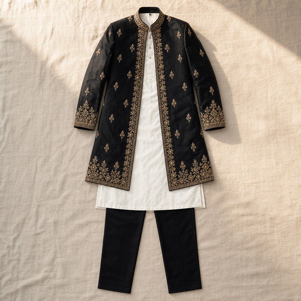 Black Embroidered Raw Silk Sherwani – flatlay