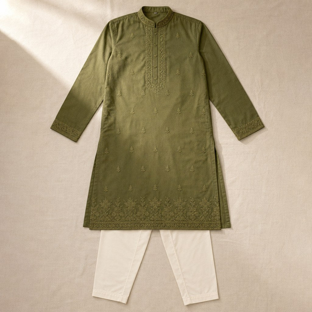 Olive Cotton Kurta Pajama – flatlay