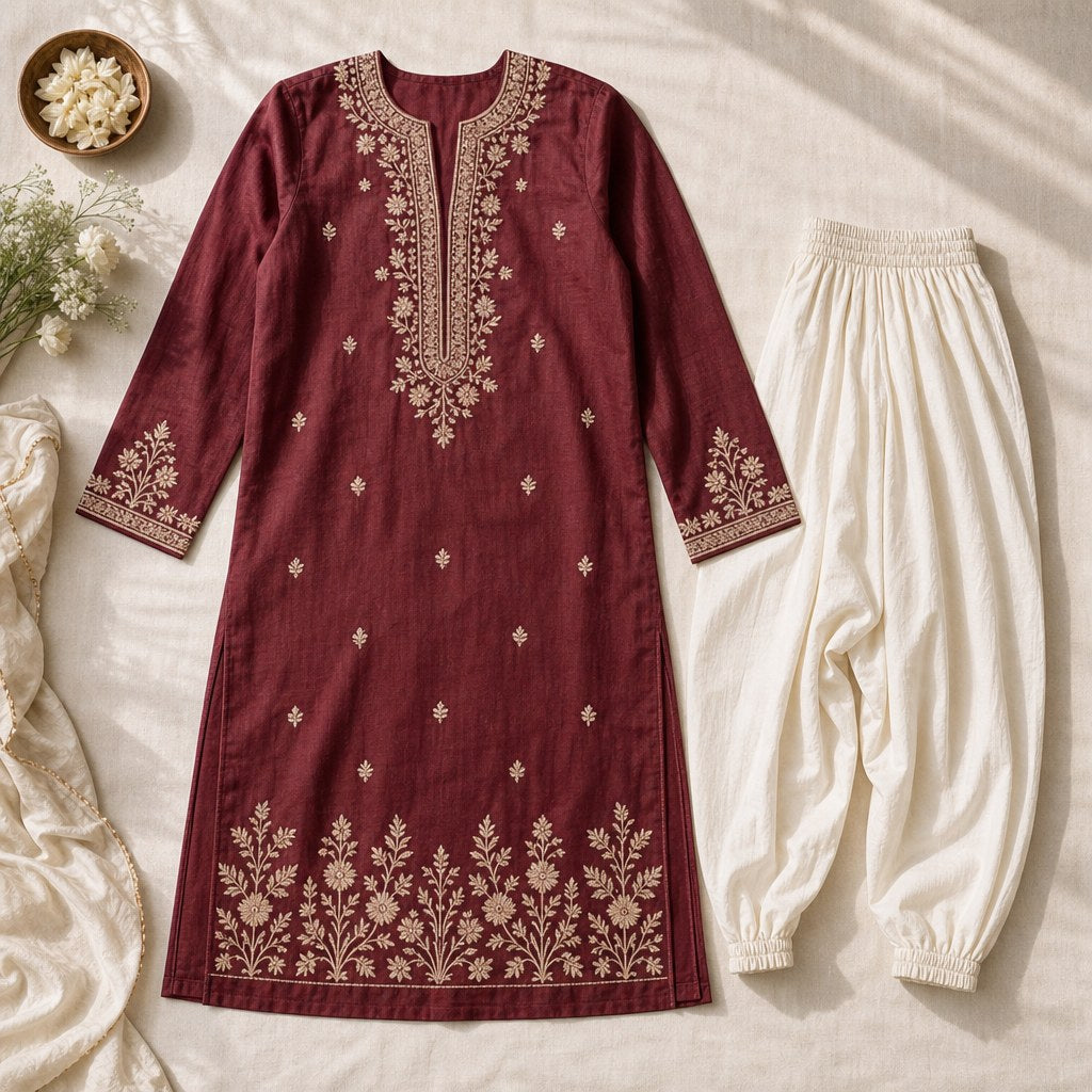 Maroon Cotton-Silk Embroidered Kurta – flatlay