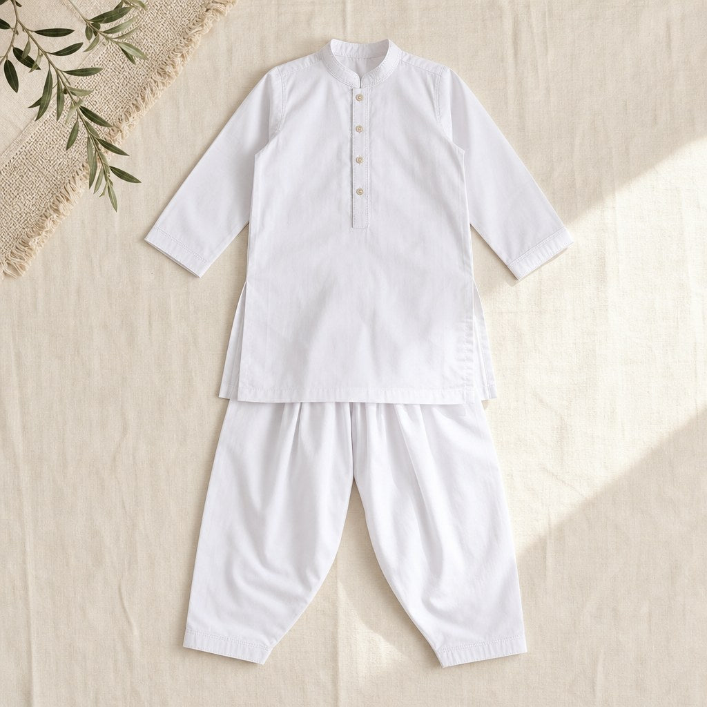 White Eid Kameez Shalwar (Boys') – flatlay