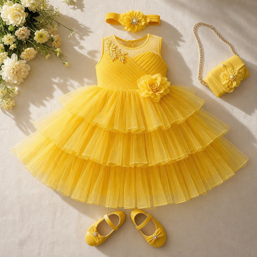 Yellow Tiered Party Frock (Girls') – flatlay