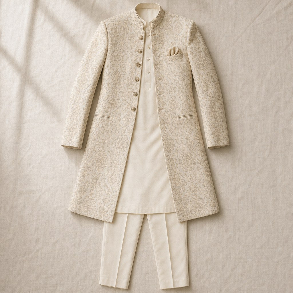 Ivory Jamawar Prince Coat – flatlay
