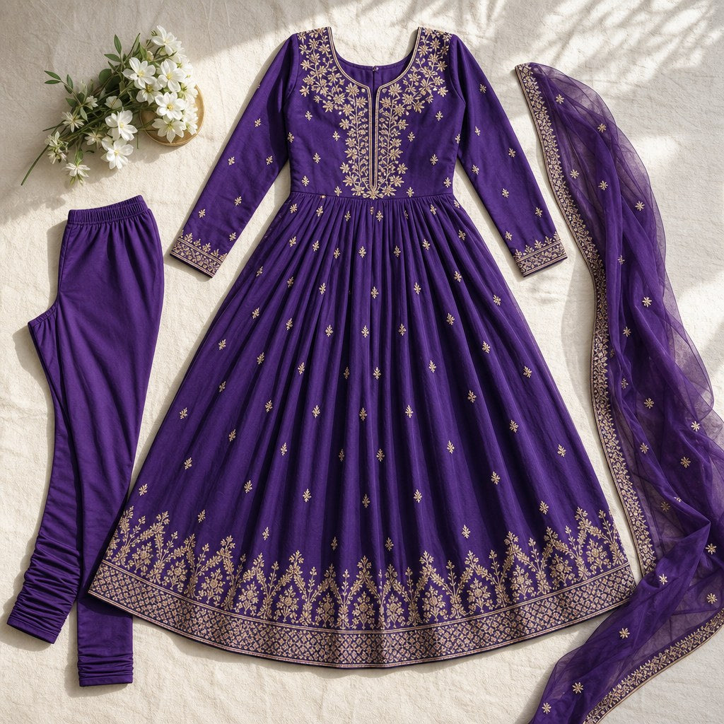 Royal Purple Anarkali Frock (Girls') – flatlay
