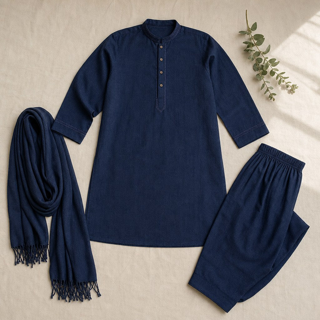 Dark Indigo Khaddar Winter Suit – flatlay