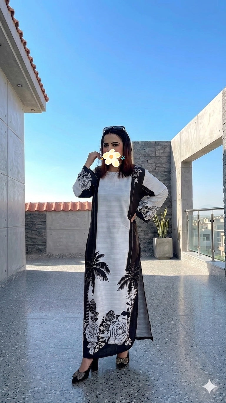 Monochrome Floral Long Fusion 2-Piece Suit