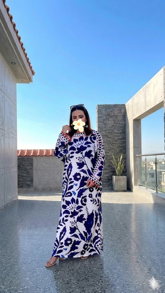 Blue & White Floral Silk Kaftan