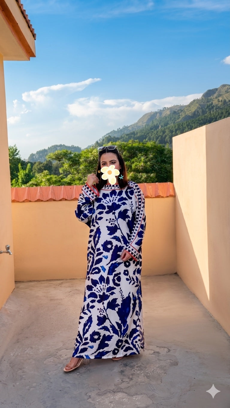 Blue & White Floral Silk Kaftan