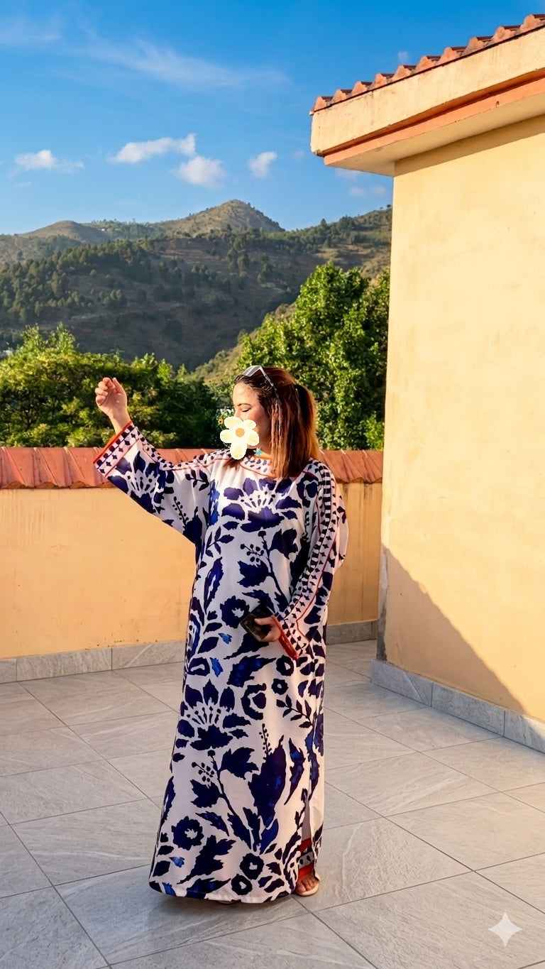 Blue & White Floral Silk Kaftan