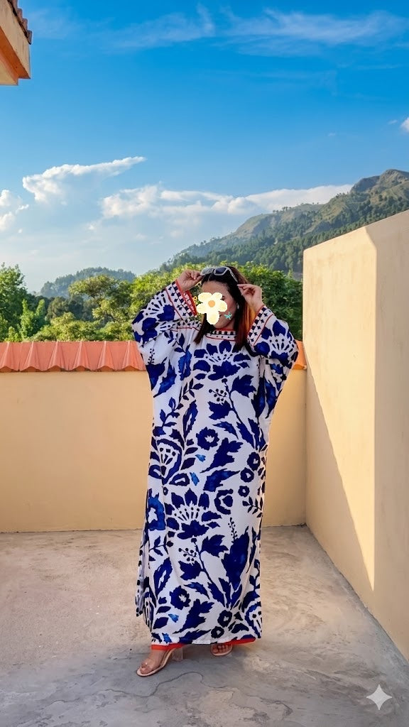 Blue & White Floral Silk Kaftan