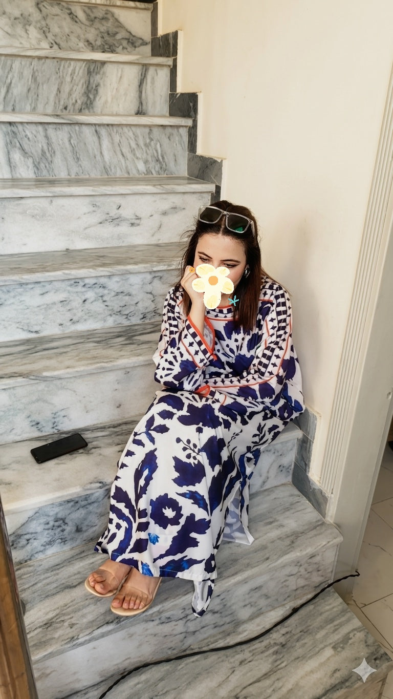 Blue & White Floral Silk Kaftan
