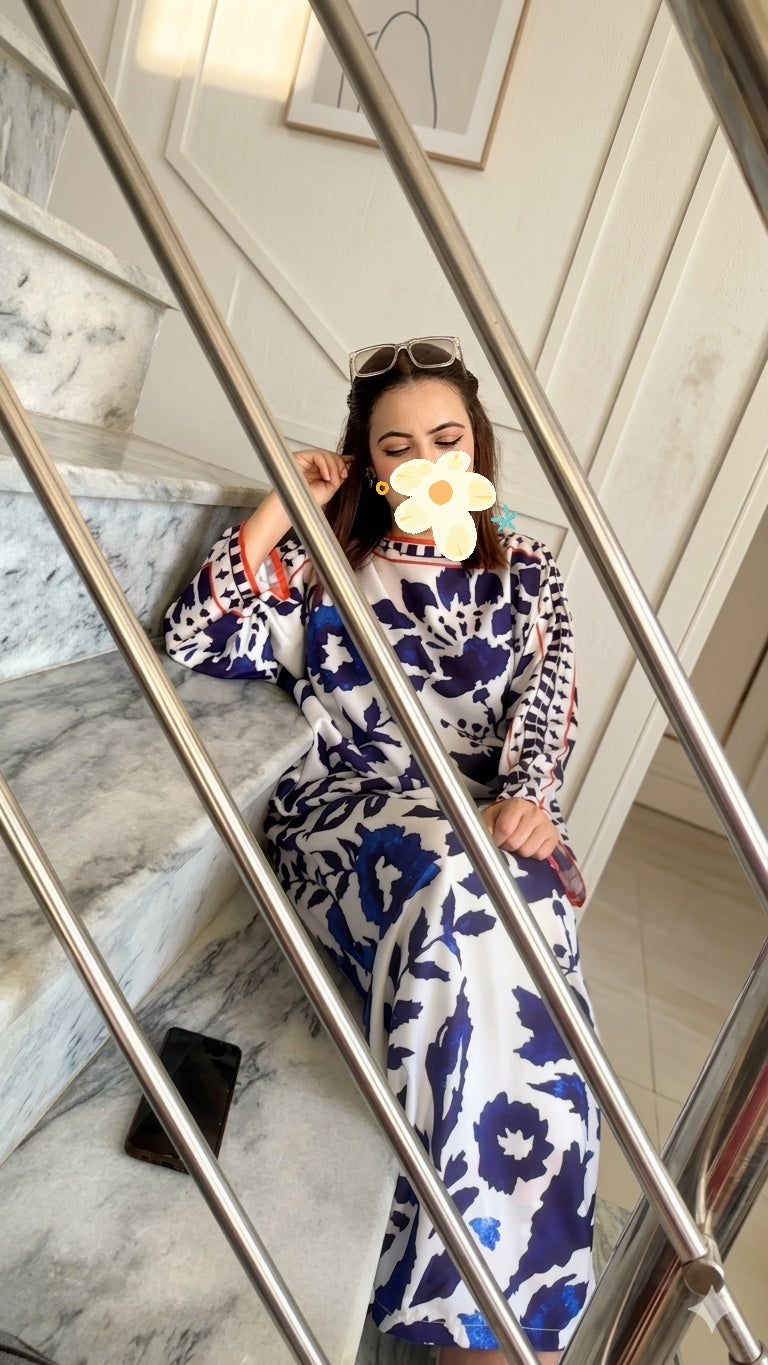 Blue & White Floral Silk Kaftan