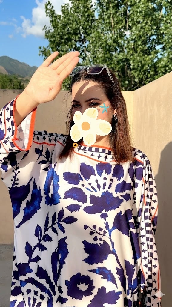 Blue & White Floral Silk Kaftan