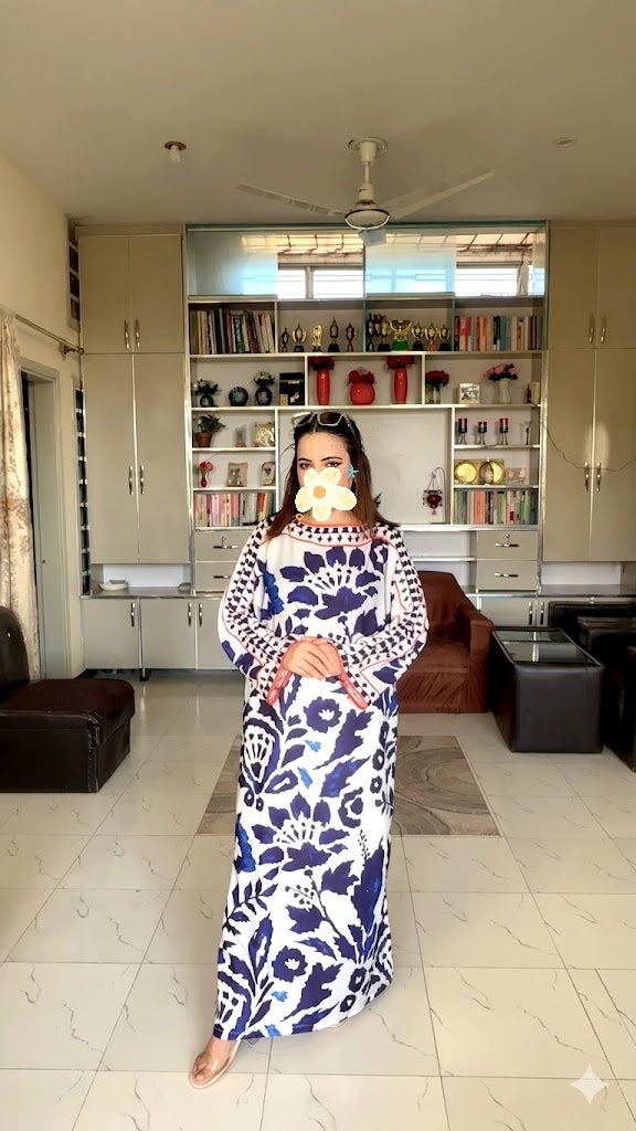 Blue & White Floral Silk Kaftan