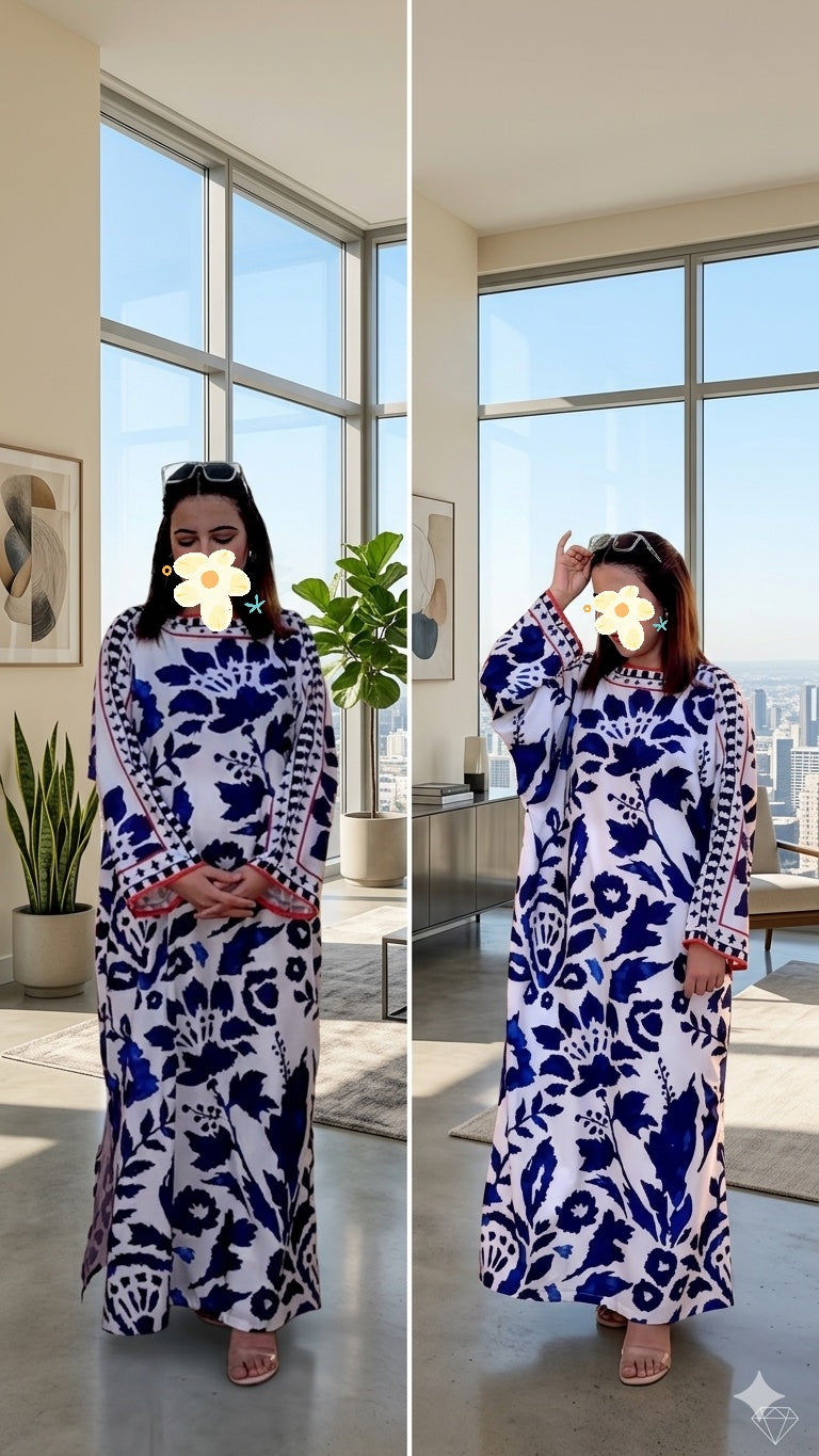 Blue & White Floral Silk Kaftan